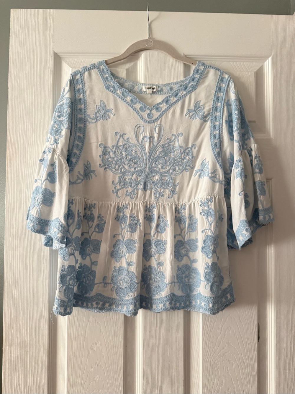 White Blouse with Light Blue Floral Embroidery